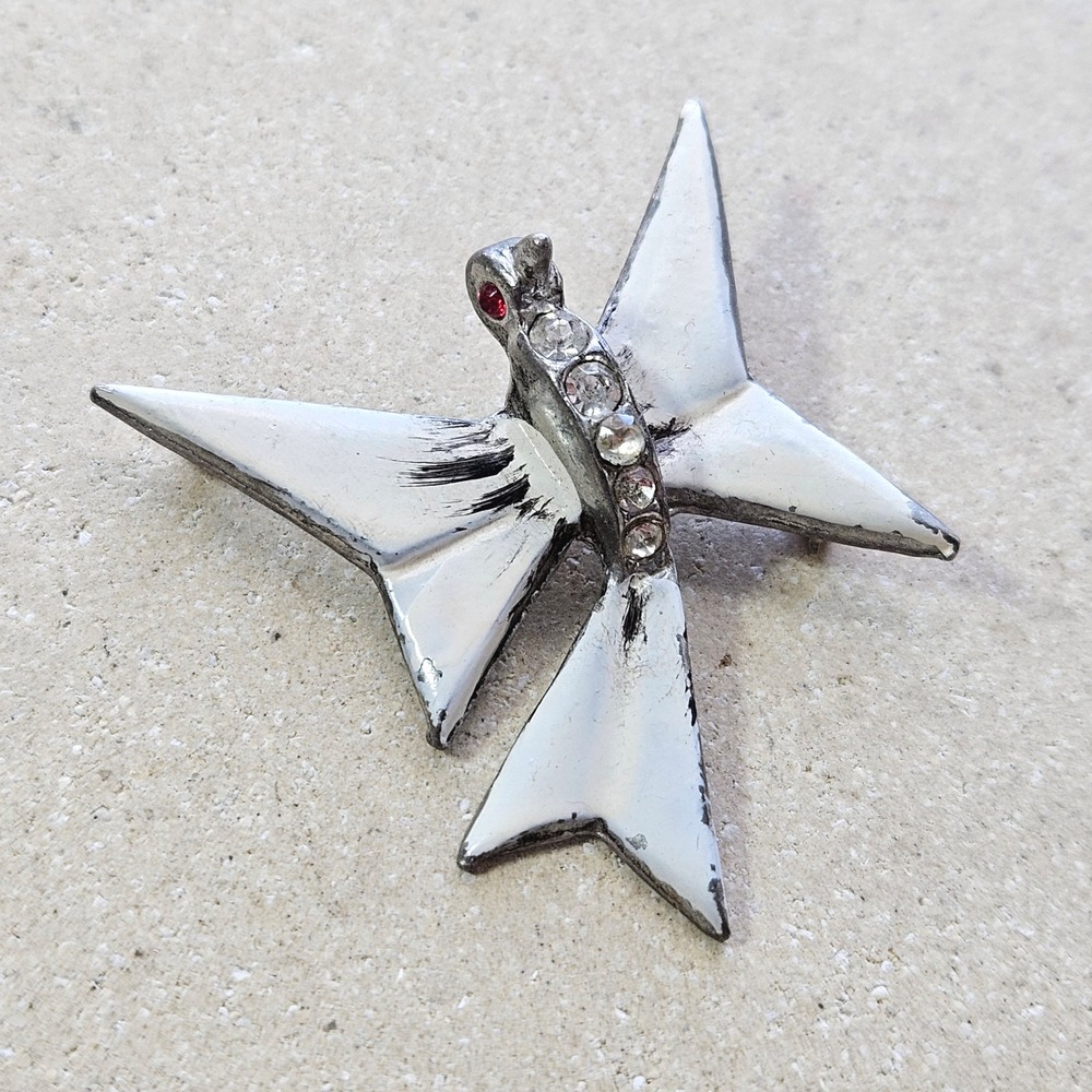 Vintage 30s‎ 40s Hummingbird Brooch White Enamel Rhinestone Silver Tone Pin